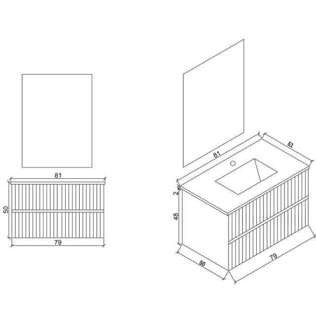 Mobile Bagno Sospeso cannettato con Lavabo in Ceramica e Specchio, Finitura Tortora