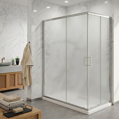 Box doccia angolare con ante scorrevoli in cristallo opaco 6 mm H190 – Finitura cromo