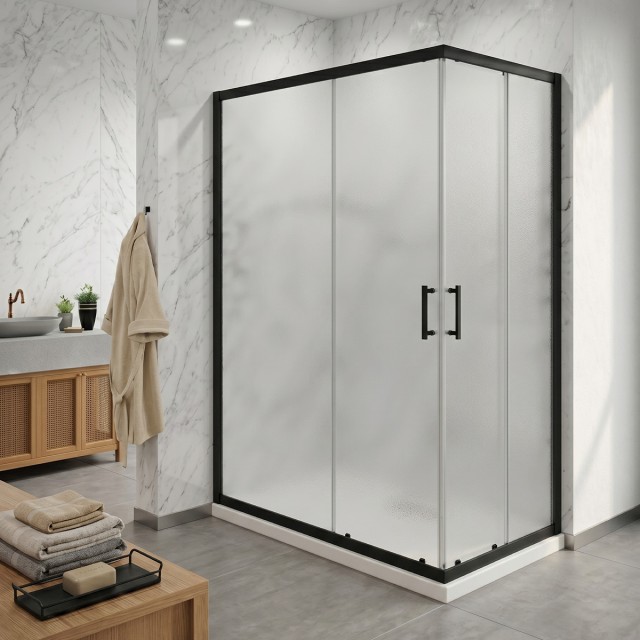 Box doccia angolare con ante scorrevoli in cristallo opaco 6 mm H190 – Finitura nero opaco