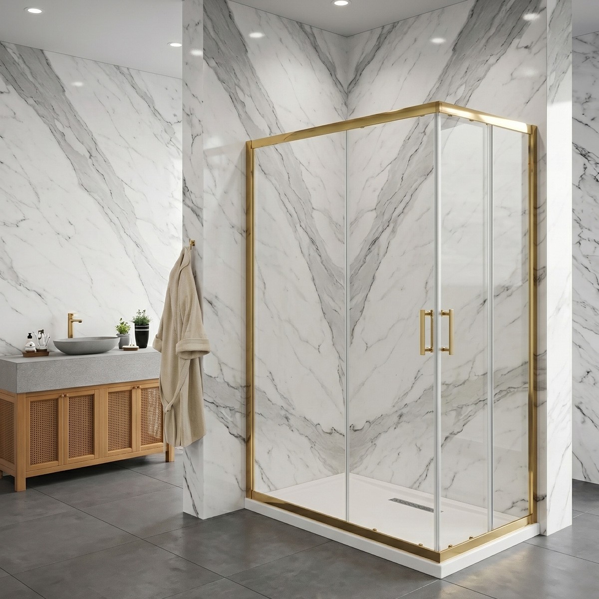 Box doccia angolare con ante scorrevoli in cristallo trasparente 6 mm H190 – Finitura oro