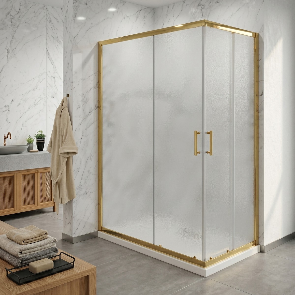 Box doccia angolare con ante scorrevoli in cristallo opaco 6 mm H190 – Finitura oro
