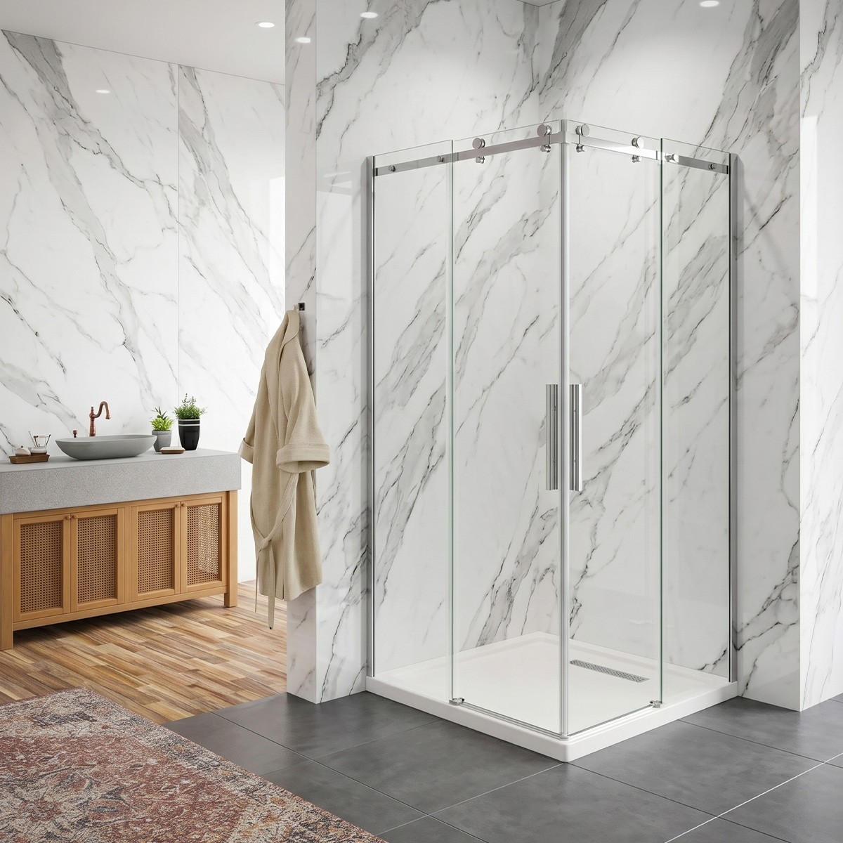 Box doccia angolare Elegance con ante scorrevoli in vetro temperato trasparente 8mm H190 - finitura cromo