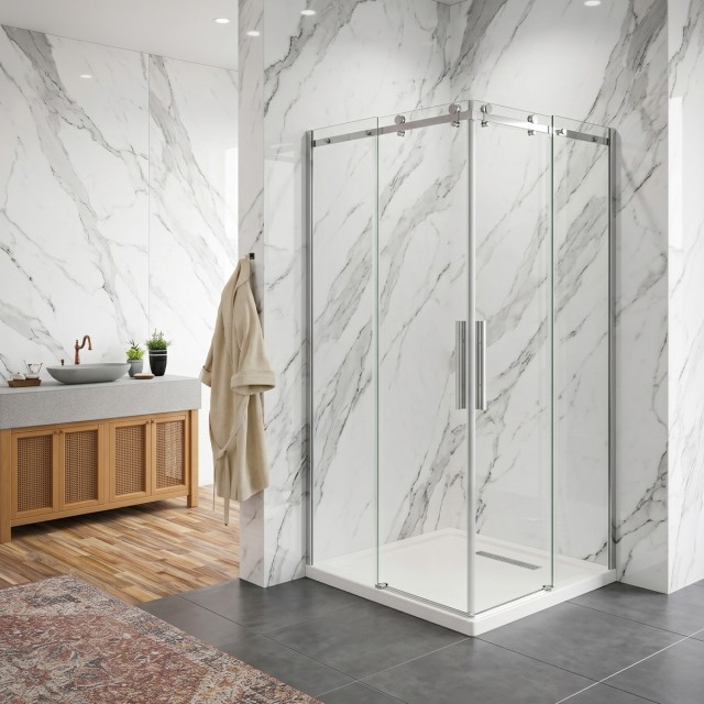 Box doccia angolare Elegance con ante scorrevoli in vetro temperato trasparente 8mm H190 - finitura cromo