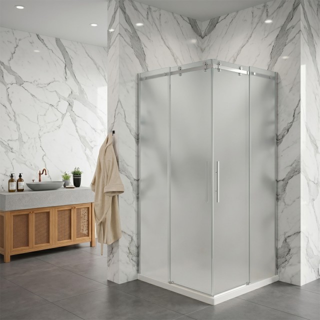 Box doccia angolare Elegance con ante scorrevoli in vetro temperato opaco 8mm - finitura cromo