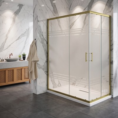 Box doccia angolare con ante scorrevoli in cristallo serigrafato 6 mm H190 – Finitura oro