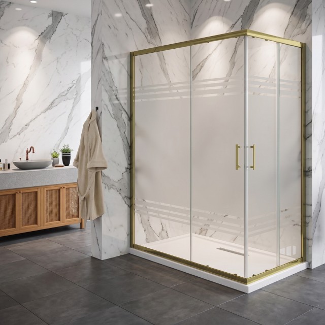 Box doccia angolare con ante scorrevoli in cristallo serigrafato 6 mm H190 – Finitura oro
