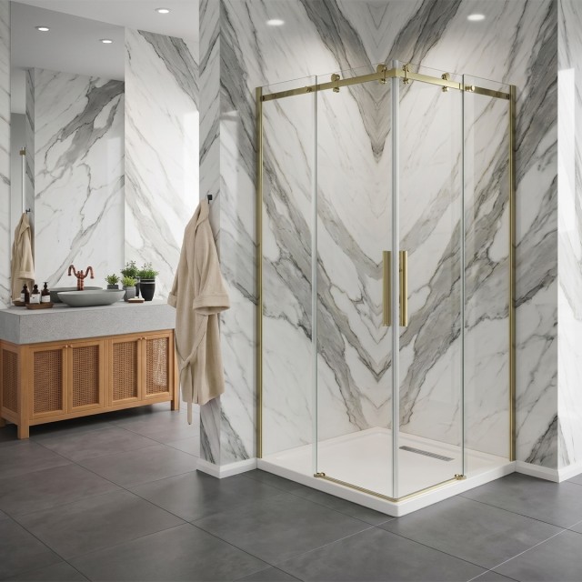 Box doccia angolare Elegance con ante scorrevoli in vetro temperato trasparente 8mm - profili oro
