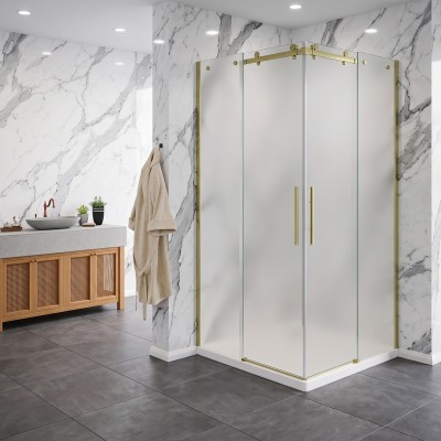 Box doccia Elegance angolare con porte scorrevoli in vetro temperato opaco 8mm H190 finitura oro