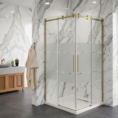 Box doccia Elegance angolare con porte scorrevoli in vetro serigrafato 8mm H190 finitura oro