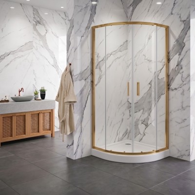 Box doccia semicircolare con porte scorrevoli in vetro temperato trasparente 6mm H190 profili oro