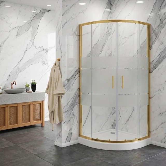 Box doccia semicircolare con porte scorrevoli in vetro temperato serigrafato 6mm H190 profili oro