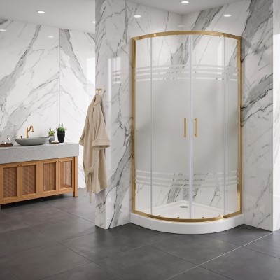 Box doccia semicircolare con porte scorrevoli in vetro temperato serigrafato 6mm H190 profili oro