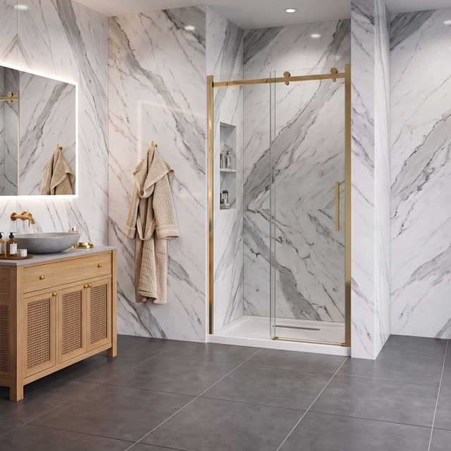 Nicchia scorrevole Elegance apertura 1 lato in vetro temperato trasparente 8mm H190 profili oro