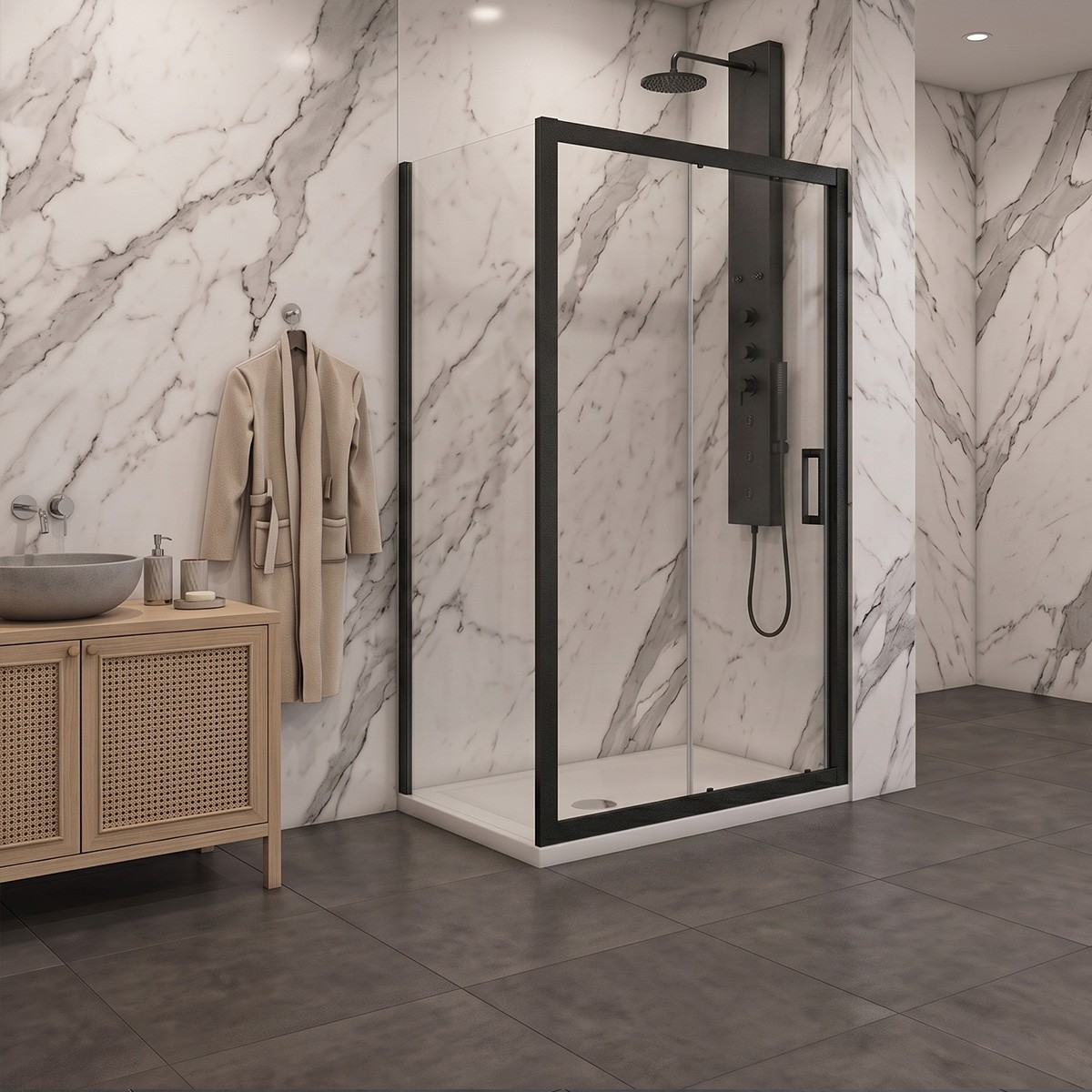 Porta scorrevole con lato fisso in vetro temperato trasparente 6mm H190 profili nero opaco