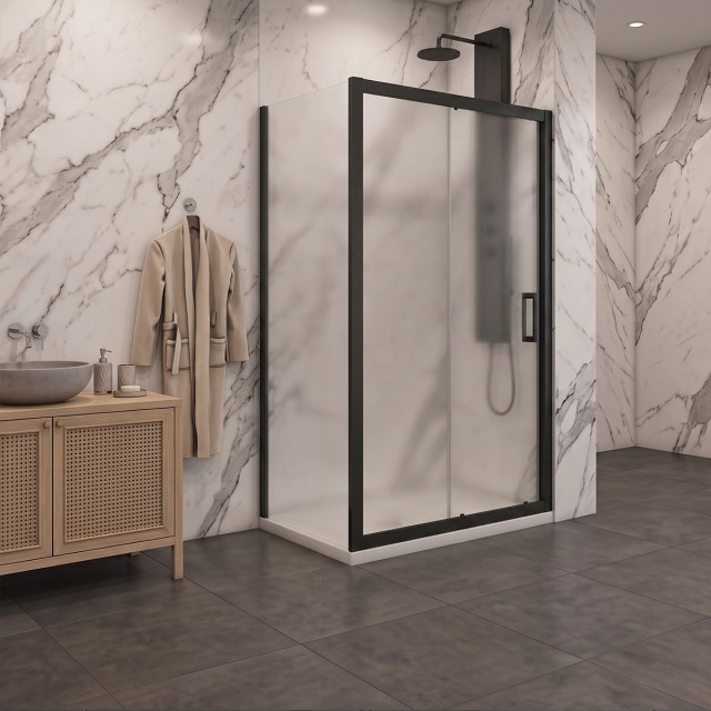 Porta scorrevole e lato fisso vetro opaco 6mm profili nero opaco