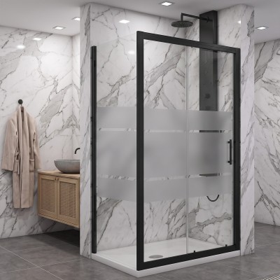 Porta scorrevole con lato fisso in vetro temperato serigrafato 6mm H190 profili nero opaco