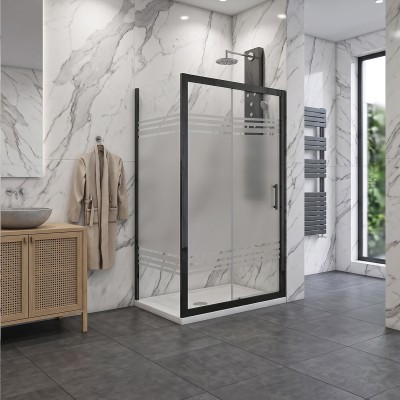 Porta scorrevole con lato fisso in vetro temperato serigrafato 6mm H190 profili nero opaco