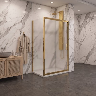 Porta scorrevole con lato fisso in vetro temperato opaco 6mm Profili oro