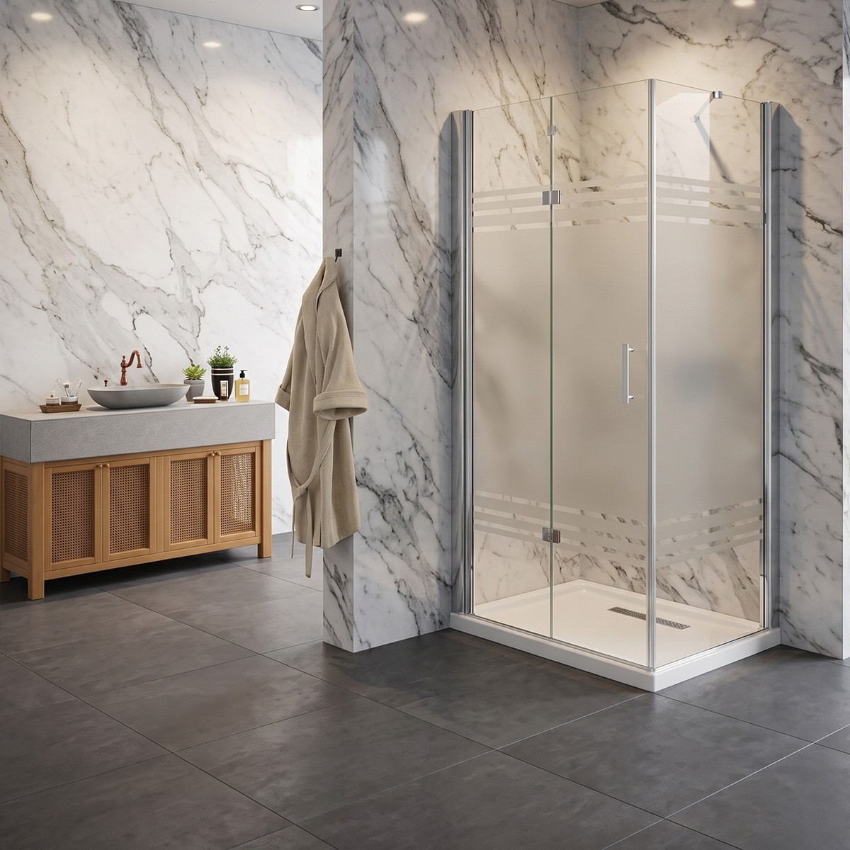 Porta pieghevole con lato fisso angolare in vetro temperato serigrafato 6mm profili cromati