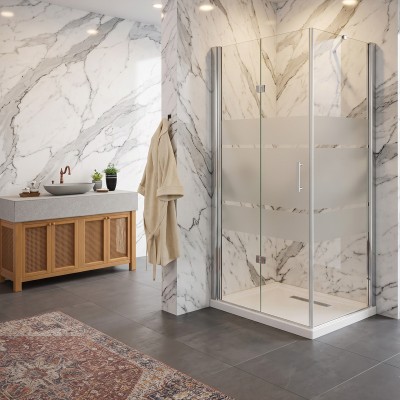Porta pieghevole con lato fisso angolare in vetro temperato serigrafato 6mm profili cromati