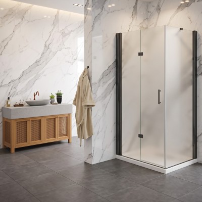 Porta pieghevole con lato fisso angolare in vetro temperato opaco 6mm profili nero opaco