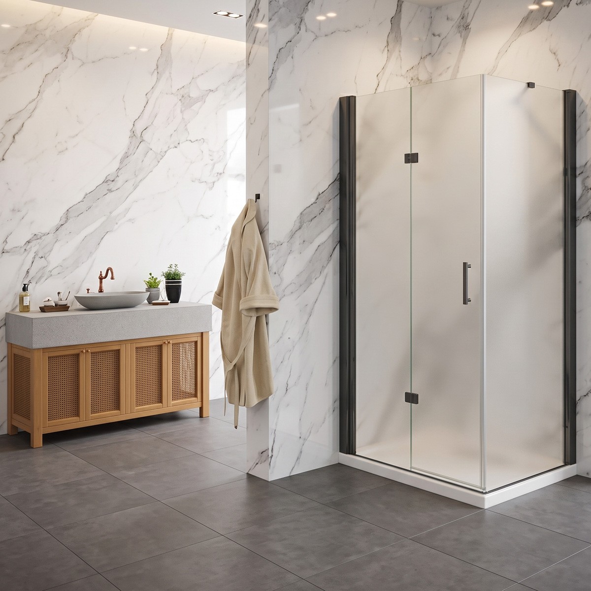 Porta pieghevole con lato fisso angolare in vetro temperato opaco 6mm profili nero opaco