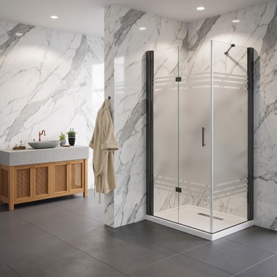 Porta pieghevole con lato fisso angolare in vetro temperato serigrafato 6mm profili nero opaco
