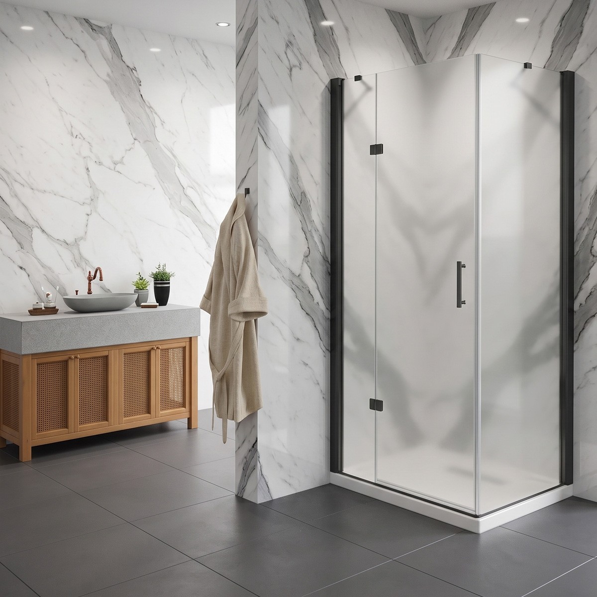 Porta battente con lato fisso angolare in vetro temperato opaco 6mm profili nero opaco