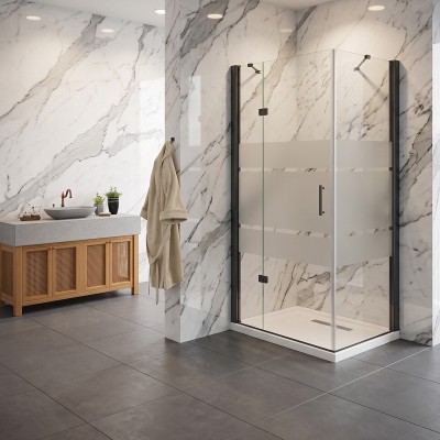 Porta battente con lato fisso angolare in vetro temperato serigrafato 6mm profili nero opaco