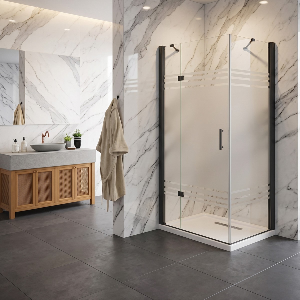 Porta battente con lato fisso angolare in vetro temperato serigrafato 6mm profili nero opaco