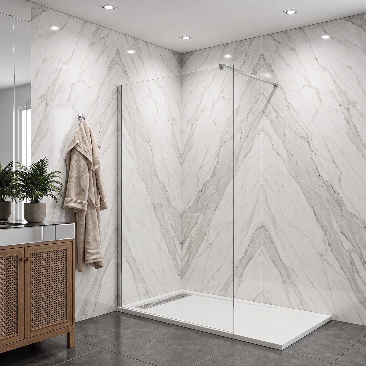 Parete Walk-In in vetro temperato trasparente 8mm con profili cromo