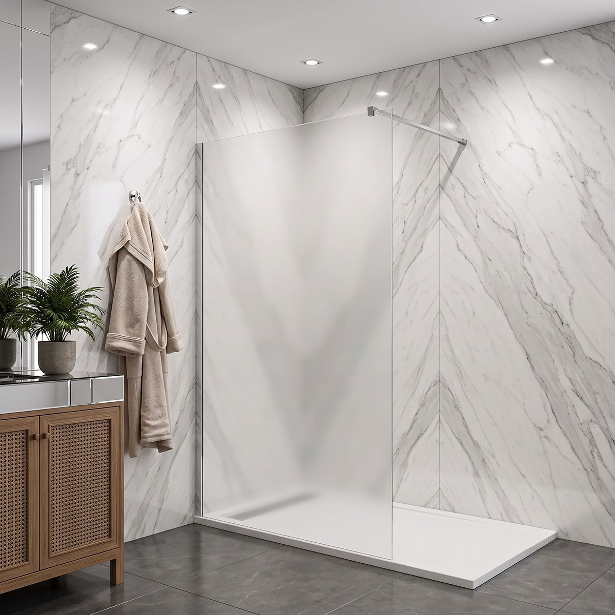 Parete Walk-In in vetro temperato opaco 8mm con profili cromo