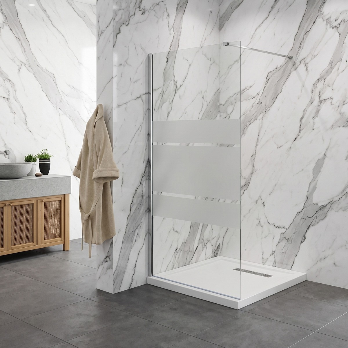 Parete Walk-In in vetro temperato serigrafato 8mm con profili cromo