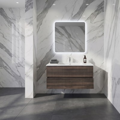 Mobile Bagno Sospeso cannettato con Lavabo in Ceramica e Specchio retroilluminato a LED, Finitura Noce
