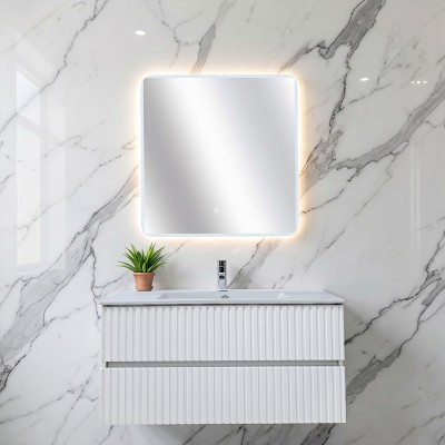 Mobile Bagno Sospeso cannettato con Lavabo in Ceramica e Specchio, Finitura Bianco