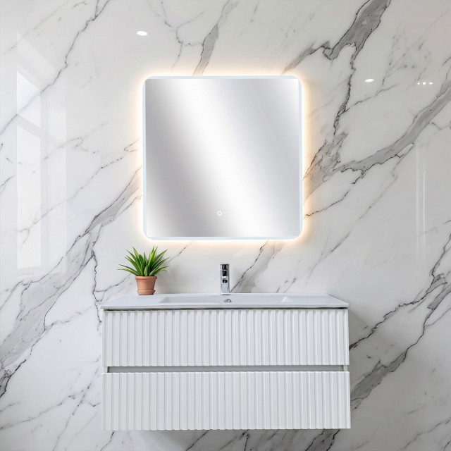 Mobile Bagno Sospeso cannettato con Lavabo in Ceramica e Specchio, Finitura Bianco