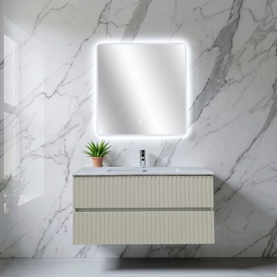 Mobile Bagno Sospeso cannettato con Lavabo in Ceramica e Specchio, Finitura Tortora