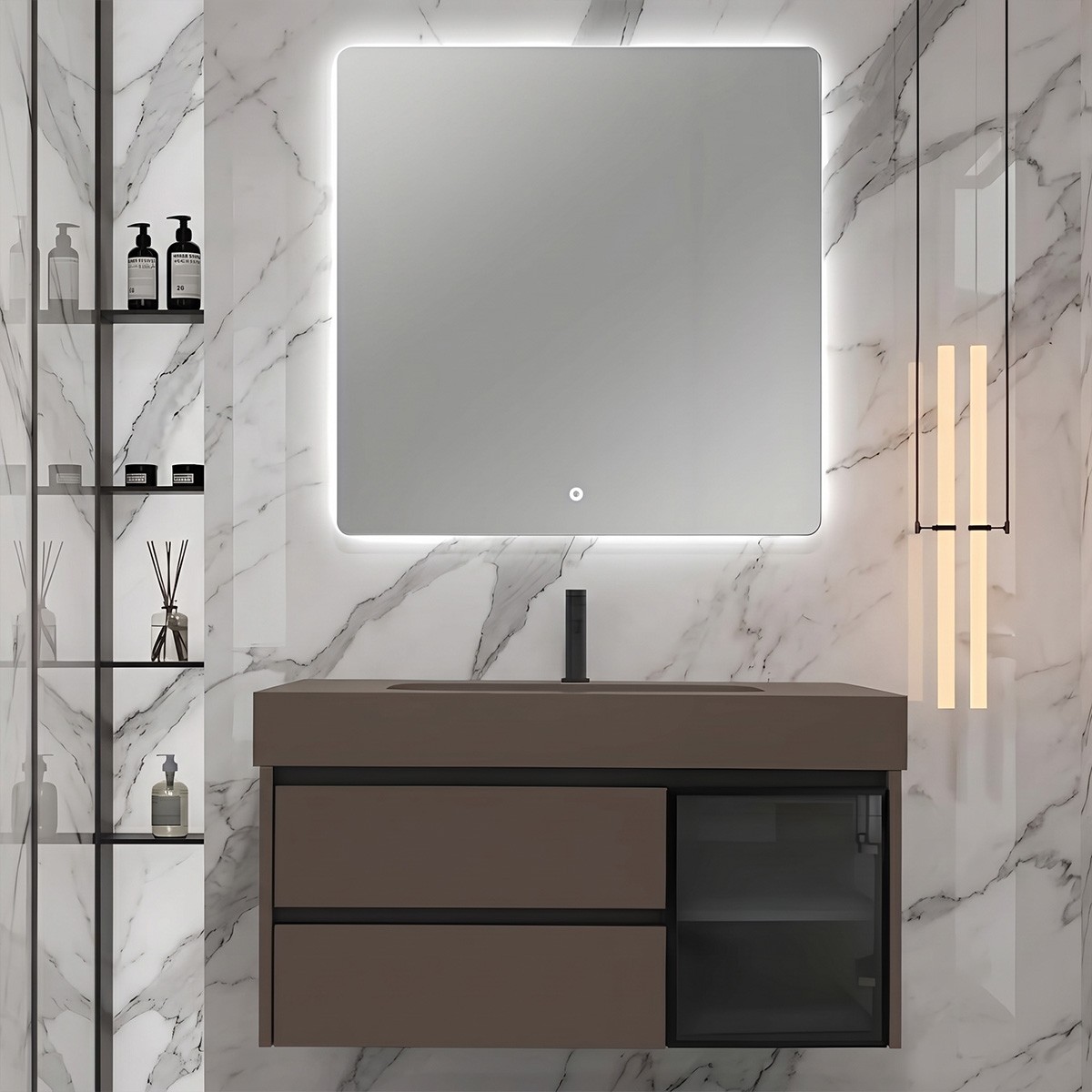 Mobile bagno sospeso con due cassetti composizione composta da base mobile, lavabo, specchio a LED