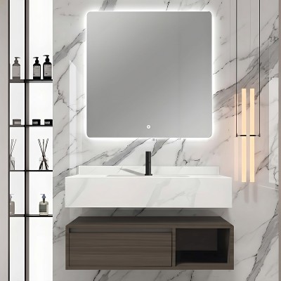 Mobile bagno sospeso con 1 cassettone composizione composta da base mobile, lavabo, specchio a LED
