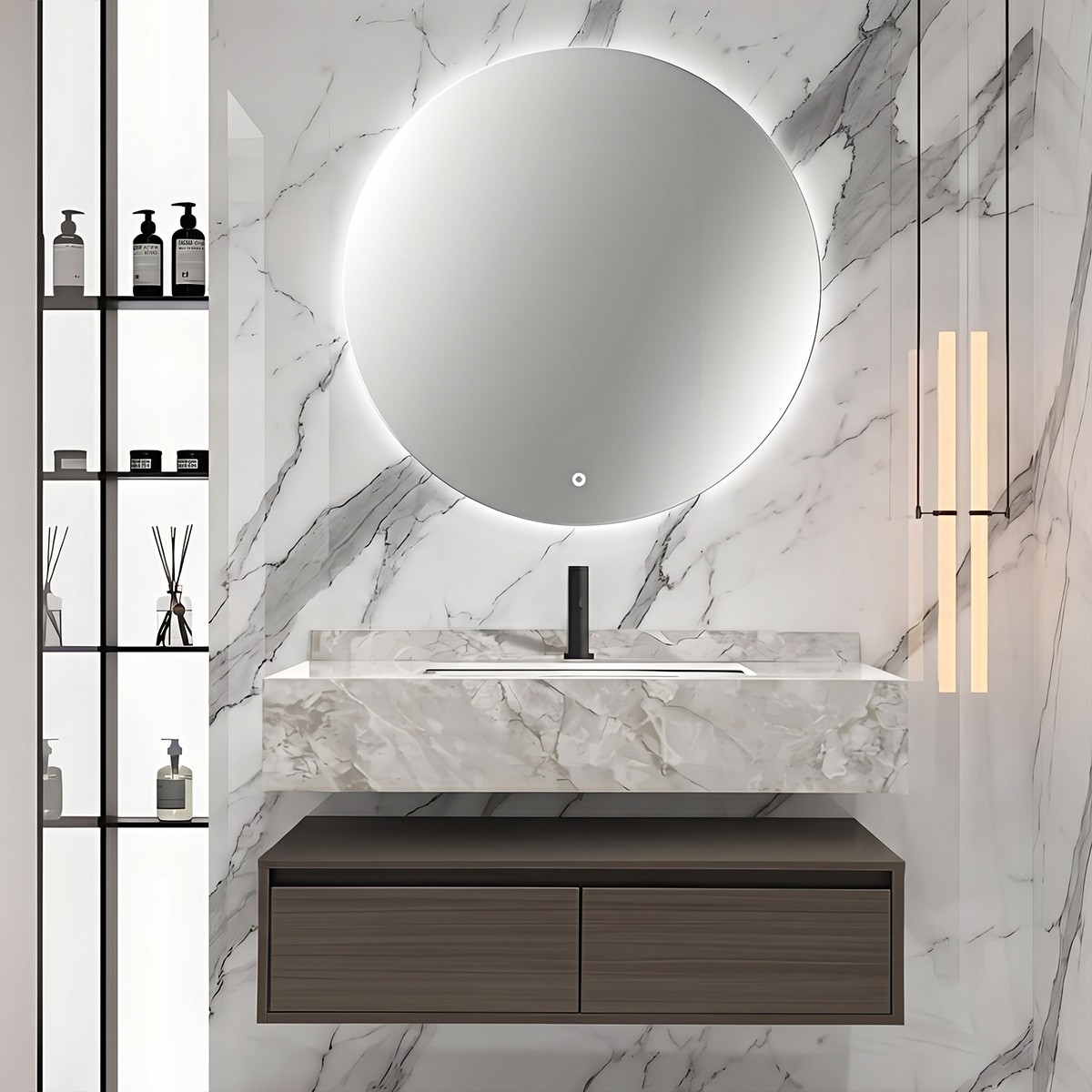 Mobile bagno sospeso con 2 cassetti composizione composta da base mobile, lavabo, specchio a LED