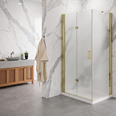 Porta pieghevole con lato fisso angolare in vetro temperato opaco 6mm profili oro
