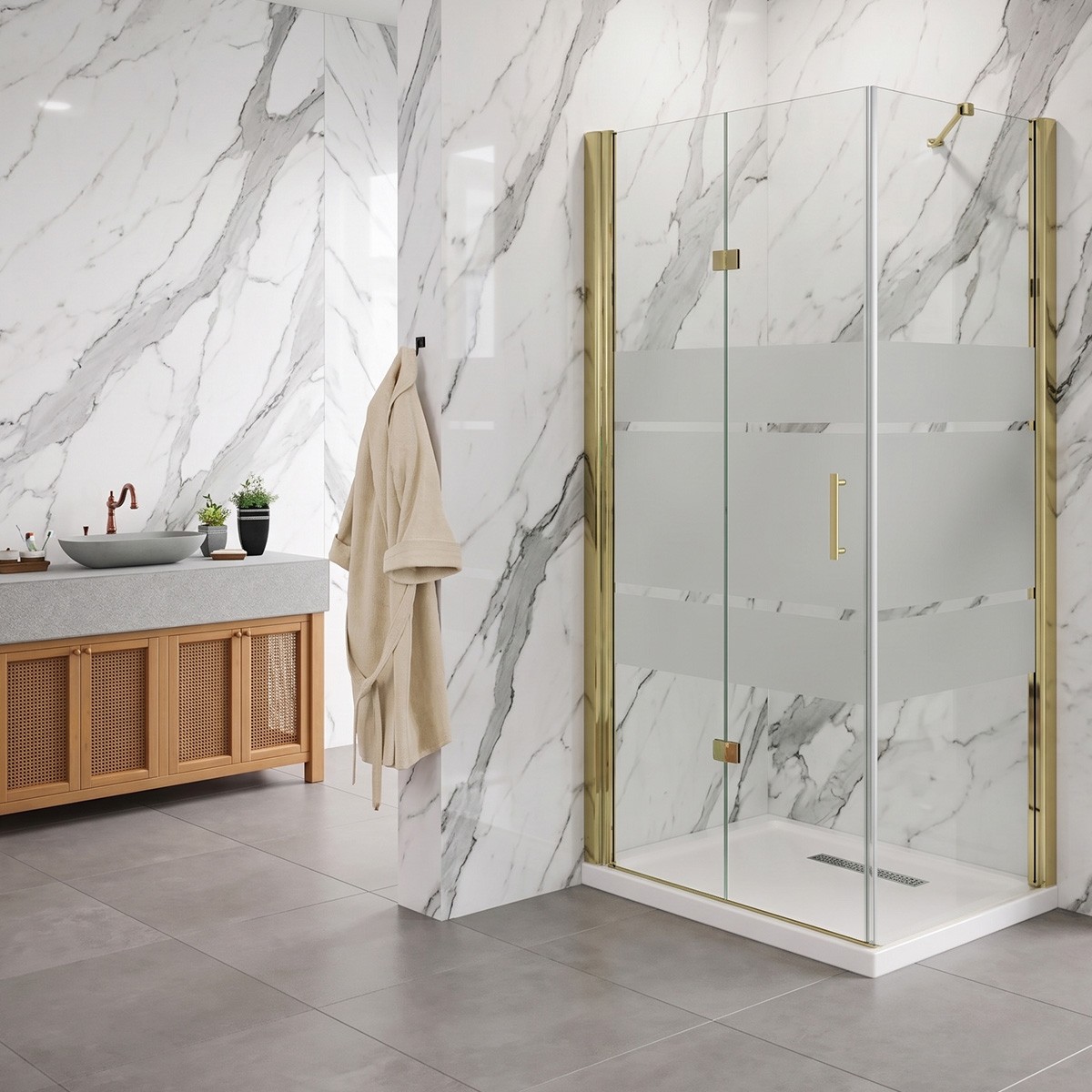 Porta pieghevole con lato fisso angolare in vetro temperato serigrafato 6mm profili oro