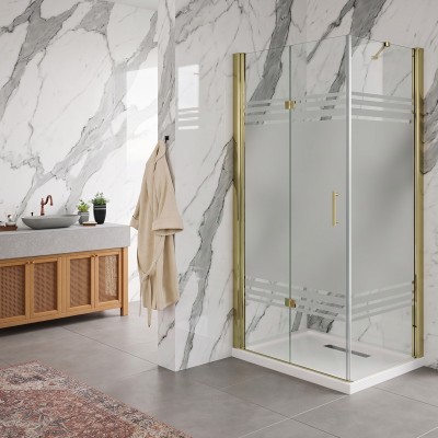 Porta pieghevole con lato fisso angolare in vetro temperato serigrafato 6mm profili oro
