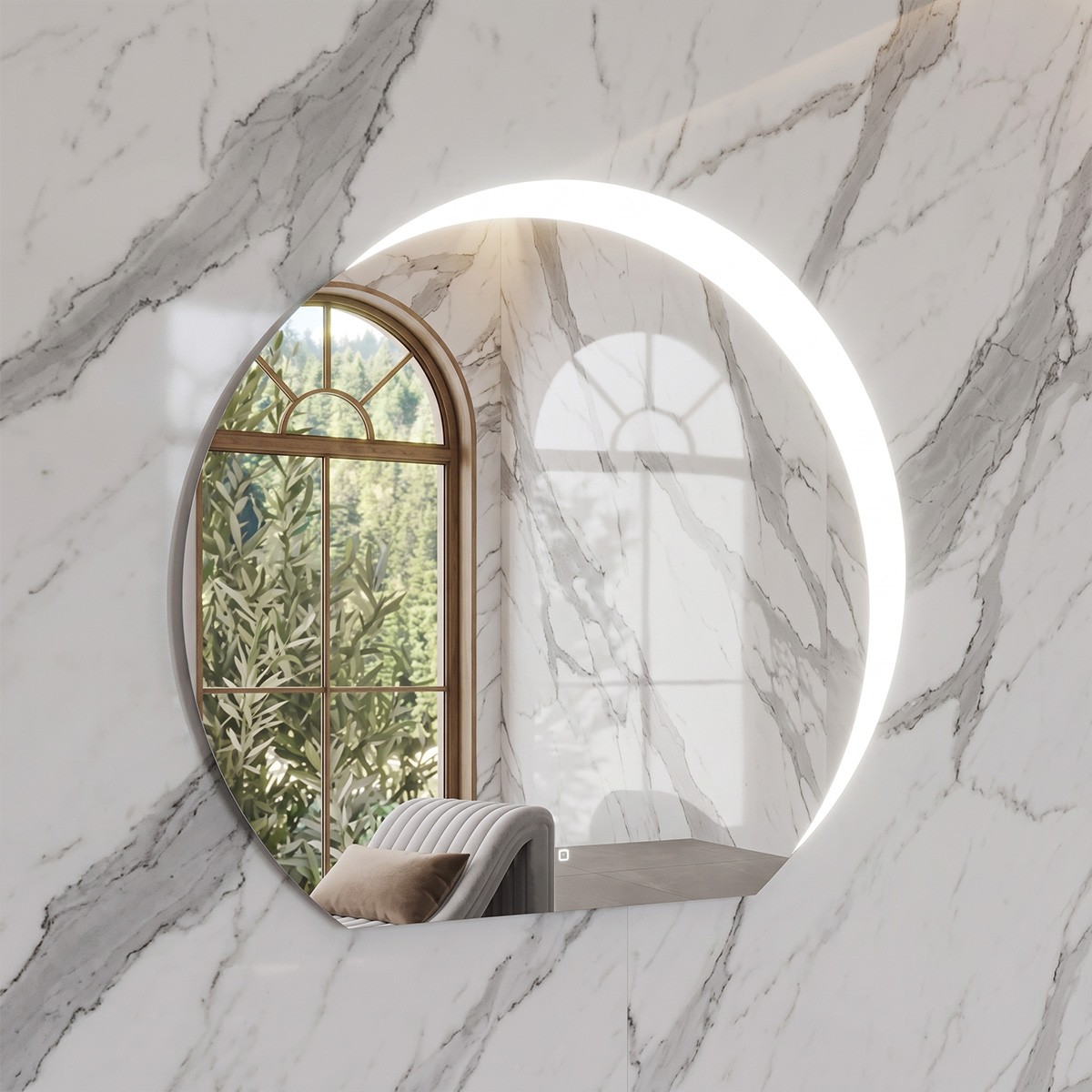 Specchio Bagno LED Tondo Circolare con Illuminazione a Mezzaluna e Touch - 90 cm