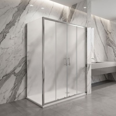 Porta scorrevole apertura centrale con lato fisso in vetro temperato opaco 6mm H190 profili cromo
