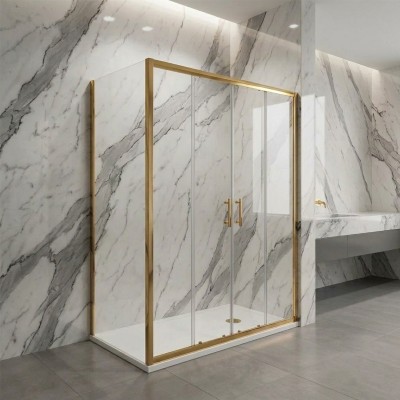 Porta scorrevole apertura centrale con lato fisso in vetro temperato trasparente 6mm H190 profili oro