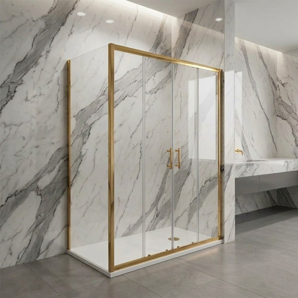 Porta scorrevole apertura centrale con lato fisso in vetro temperato trasparente 6mm H190 profili oro