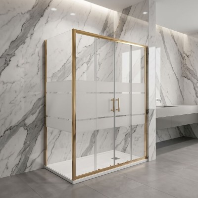 Porta scorrevole apertura centrale con lato fisso in vetro temperato serigrafato 6mm H190 profili oro