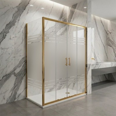 Porta scorrevole apertura centrale con lato fisso in vetro temperato serigrafato 6mm H190 profili oro