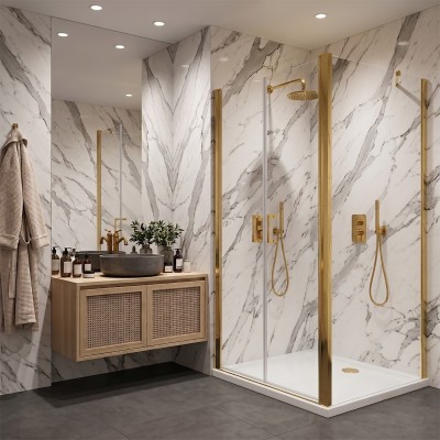 Porta saloon con lato fisso in vetro temperato trasparente 6mm profili oro
